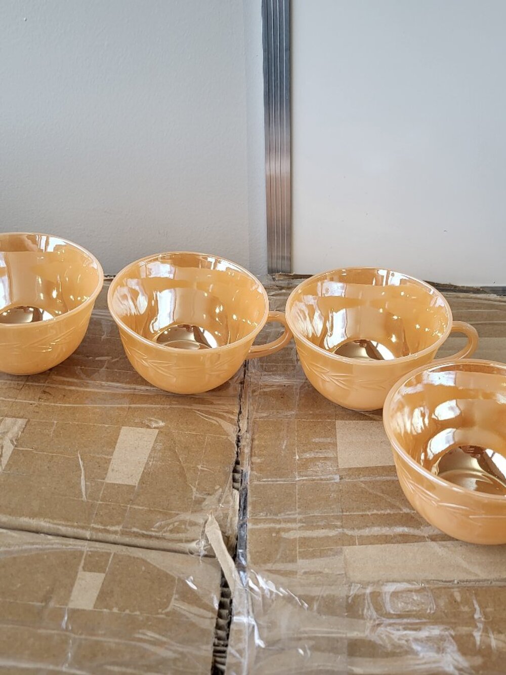 Anchor Hocking Fire King Laurel Leaf Peach Luster Teacups Set of 4 Vintage